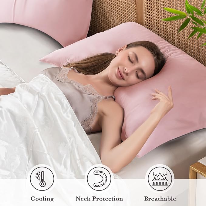 Curved Pillow Case Queen Size, Side Sleeper Pillow Cases Cover Cooling Rayon Derived from Bamboo with Zipper for hot Sleepers Hair and Skin, Breathable Silky Soft Pillowcase 1 Pack 20 * 30 Inches