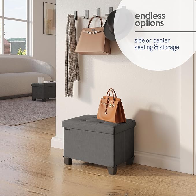 Storage Ottoman Cube with Small Bin, 16-in Square Ottoman with Storage for Living Room and Bedroom, Small Ottomans Foot Rest, Velvet Foot Stools Ottomans Max 330lbs, Grey