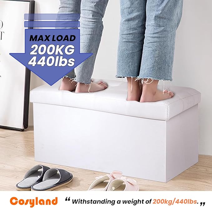 COSYLAND Ottoman Bench with Storage - 30x15x15in Folding Leather Ottoman, Rectangle Foot Stool Foldable Storage Chest Footrest Footstool Collapsible with Lid for Bedroom Living Room White