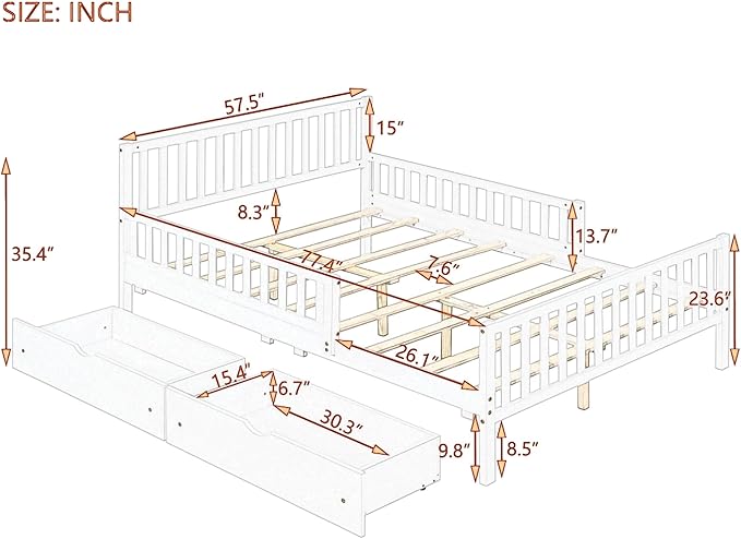 Bellemave Full Bed Frames with Storage Drawers for Kids, Full Bed with Rails, Full beds Frame for Boys/Girls/Adults, Walnut
