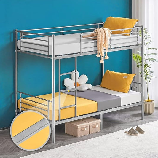 Bonnlo Metal Bunk Bed Twin Over Twin Bed Frames for Kids Bunk Beds with Flat Ladder Rungs, Heavy Duty Bunk Beds for Kids/Teens/Adults, Double Twin Bed with Metal Slats and Heighten Guardrails, Gray