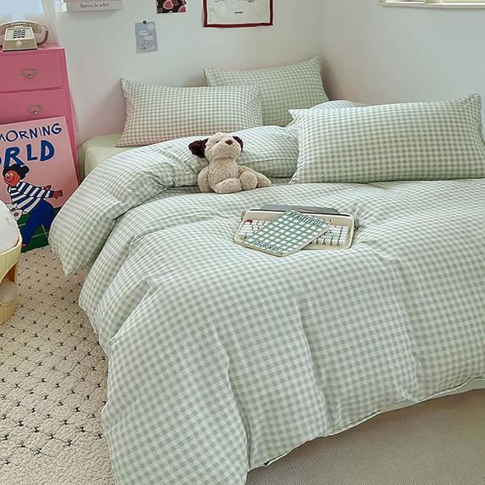 Nayoroom Green Gingham Duvet Cover Full Size Plaid Checkered Duvet Cover Girls Dorm Bedding Set 3 Pieces Soft Lightweight Washed Microfiber Farmhouse Bedding with Pillowcases