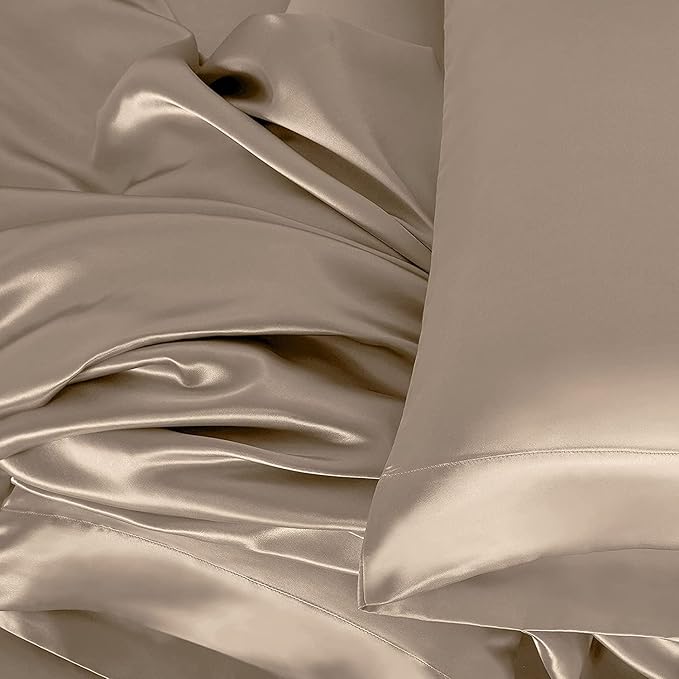 Homiest 4pcs Extra Deep Pocket Satin Sheets King Size Bed Set, 18-24 Inch Deep Pocket Taupe Sheet Set, Silky Luxury Bedding Fitted Sheet Fits Ultra Deep Mattress