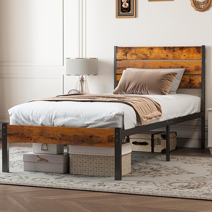 OLIXIS Twin Size Metal Platform Bed Frame - Mattress Foundation with Headboard and and Footboard, No Box Spring Needed with 700LBS Sturdy Wooden Slats Support, Noise Free, Easy Assembly