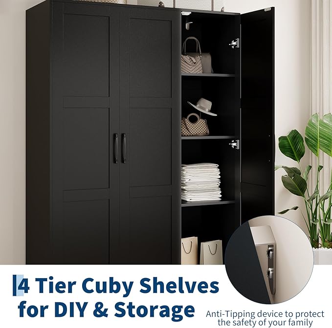 Garvee 3 Doors Wooden Wardrobe Closet, Morden Wardrobe Armoire with Doors and Shelves, Standing Closet Cabinet for Hanging Clothes, Large Capacity Storage Cabinet for Bedroom, Black