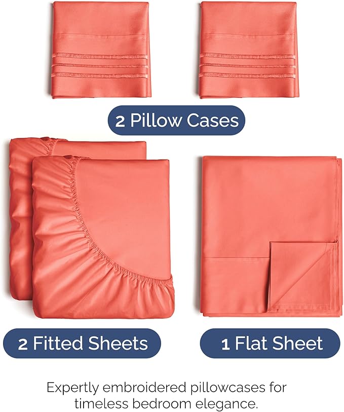Split King Size 5 Piece Sheet Set - Comfy Breathable & Cooling Sheets - Hotel Luxury Bed Sheets for Women & Men - Deep Pockets, Easy-Fit, Soft and Wrinkle Free Sheets - Coral Oeko-Tex Bed Sheet Set