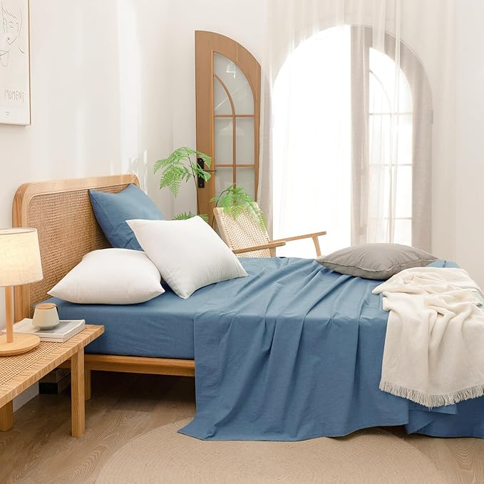 BESTOUCH 100% Washed Cotton Pillowcase for Hair and Skin Linen Feel Soft Comfortable Breathable 2 Set Pillow Case with Envelope Closure Solid Dark Blue Euro 26x26 Inches