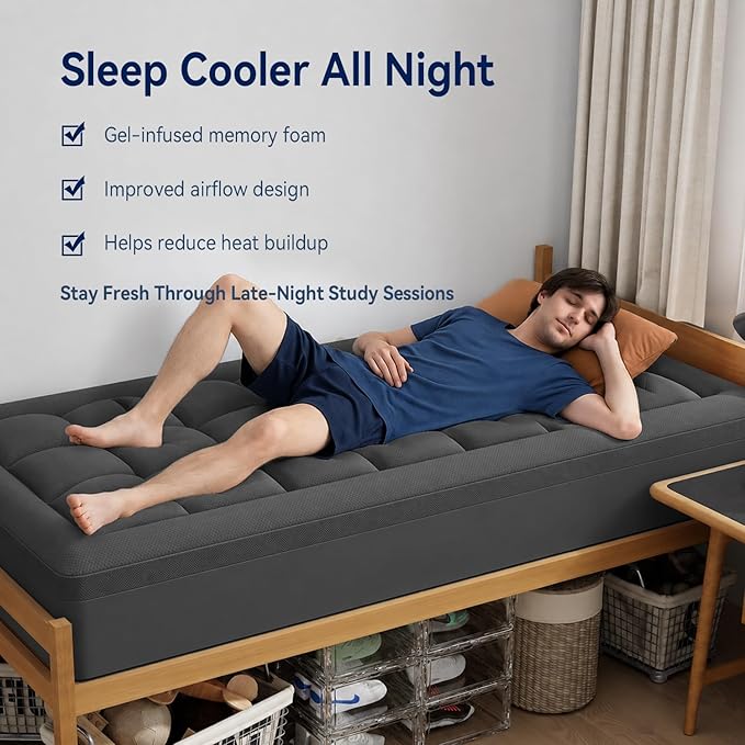 ELEMUSE Dual Layer 3 Inch Memory Foam Mattress Topper Twin XL, Dorm Room 2 Inch Cooling Gel Memory Foam Plus 1 Inch Down Alternative Pillowtop Mattress Pad, College Essential, Comfort Support, Grey