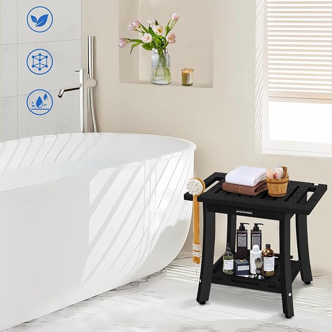 KingPavonini HDPS Shower Stool, Waterproof Shower Benches for Inside Shower to Sit on, Heavy Duty 400LBS Shower Seat with Storage Shelf, Shower Chair for Shaving Legs