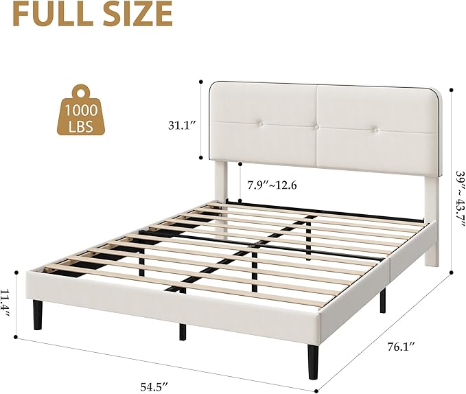 Garvee Full Bed Frame, Velvet Upholstered Platform Bed Frames with Adjustable Headboard, No Box Spring Needed, Anti-Noise EVA Sponge, Sturdy Metal Support, Easy Assembly, White & Black Trim