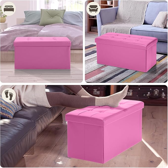 COSYLAND Ottoman Bench with Storage 30x15x15 inches White Ottoman for Room Folding Leather Footrest Footstool Rectangle Collapsible Furniture with Lid for Bedroom Living Room Pink