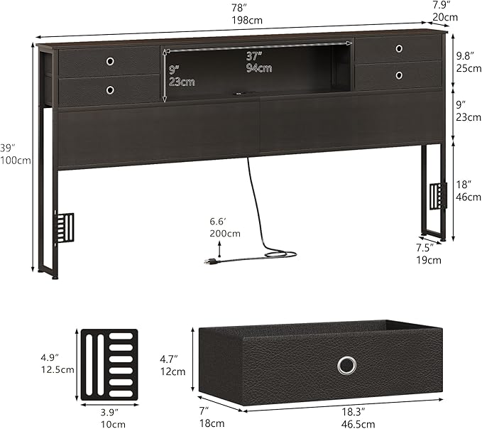 GiftGo Queen Size Headboard with 4 Fabric Storage Drawers Charging Station LED Light Adjustable Height Storage Rack Sturdy and Stable Metal Frame & Wood Shelf (Black, King (U.S. Standard))
