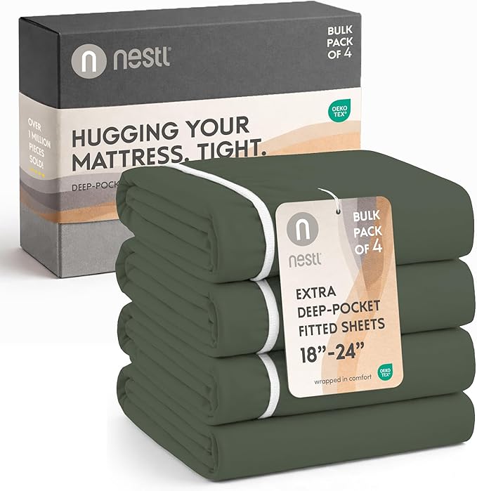 Nestl 4 Pack Olive Green Fitted Sheet Extra Deep Pocket, Hotel Luxury KingFitted Sheet Only Easily Fits 18 to 24 Inch Mattress, Super Soft, Wrinkle-Free and Breathable with Corner Straps