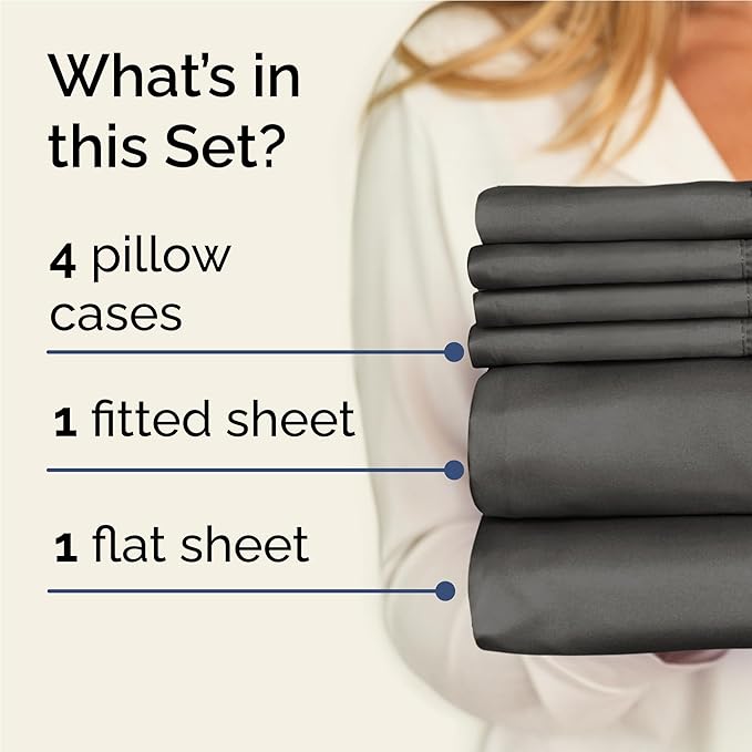 Full 6 Piece Sheet Set - Comfy, Breathable & Cooling - Hotel Luxury Bedding for Women, Men, Kids, Teens and Children - 1 Flat & 1 Fitted Sheet & 4 Pillowcases w/ Deep Pockets - Wrinkle Free - Charcoal