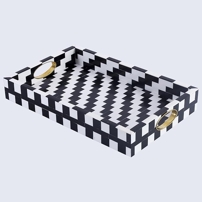 Handicrafts Home Optique Pixel Ottoman Tray 17x11, Handmade Resin Inlay Decorative Tray, Black White Geometric Coffee Table Centerpiece, Large Designer Serving Tray for Living Room Décor
