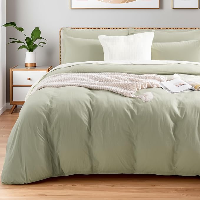 NEXHOME PRO Full Duvet Cover Set – 100% Certified Organic Cotton with Washed Feel & Linen-Like Texture, Comfortable & Breathable, Home Bedding Set Sage Green (No Comforter)