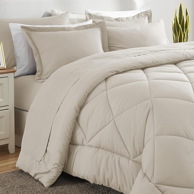 CozyLux Full Size Comforter Sets Beige - 7 Pieces Bed in a Bag Full, Luxury Soft Bed Set for All Seasons, Bedding Set with Down Alternative Comforter, Sheets, Pillowcases & Shams