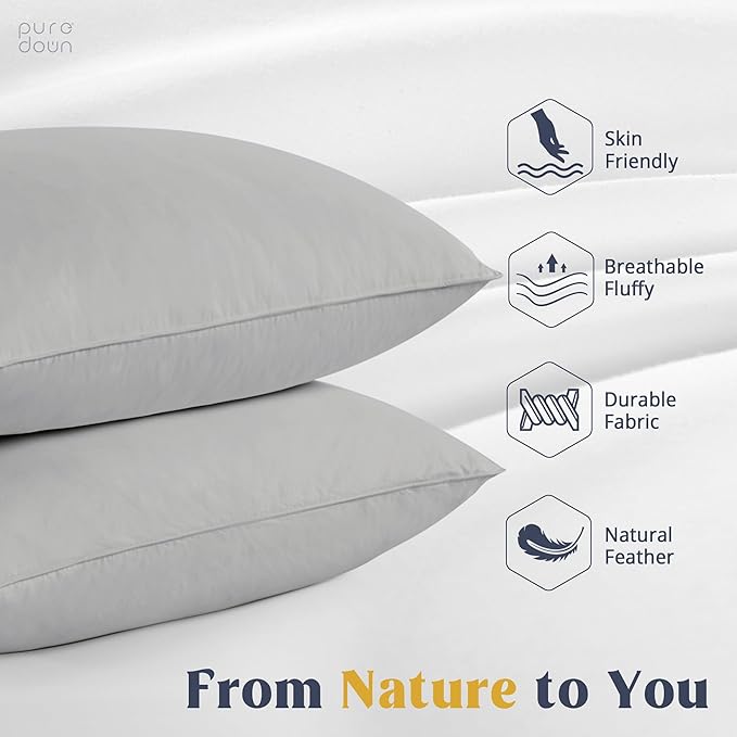 puredown Goose Feathers Down Pillows - King Size Bed Sleeping Hotel Collection Pillows Set of 2 with 100% Cotton Cover, Grey