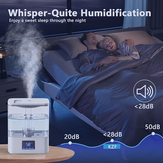 KZF 4L Top Fill Cool Mist Humidifier for Bedroom with 15H Runtime, 3 Mist Levels, 8H Timer, Essential Oil Tray, Humidity Display, Quiet Operation for Baby, Plants, Large Room