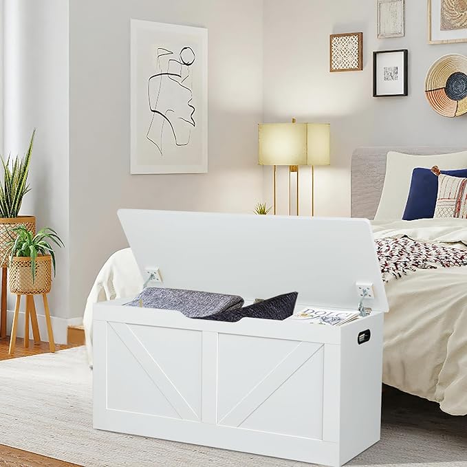 Timberer 39.4" Storage Chest, Wooden Storage Bench, Large Storage Trunk with 2 Safety Hinges, Entryway Shoes Bench for Living Room, Bedroom, White