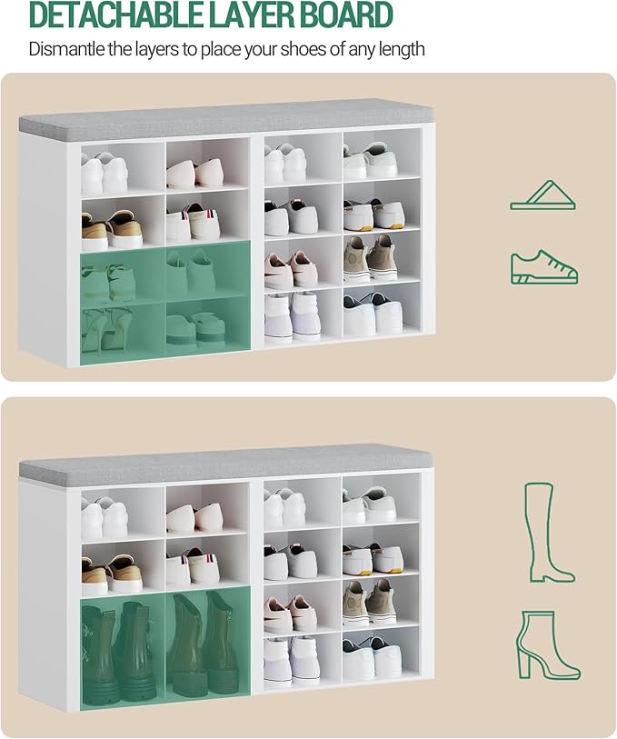 Hzuaneri Shoe Bench with Cushion, Entryway Storage Bench with 16 Cubbies, Cubby Shoe Rack with Adjustable Shelves, Shoe Organizer Cabinet for Living Room, Bedroom, Entryway, White SB25603GY