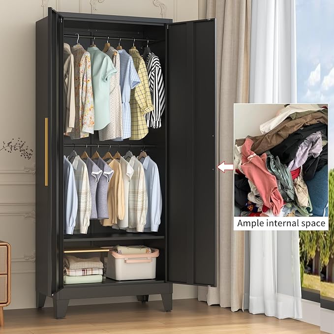72" Tall Metal Armoire Wardrobe Closet - Large Clothing Storage Cabinet with Mirror Doors, 2 Hanging Rod & Adjustable Shelve - Closet Organizer for Bedroom, Office, Laundry Room, Garage - Black