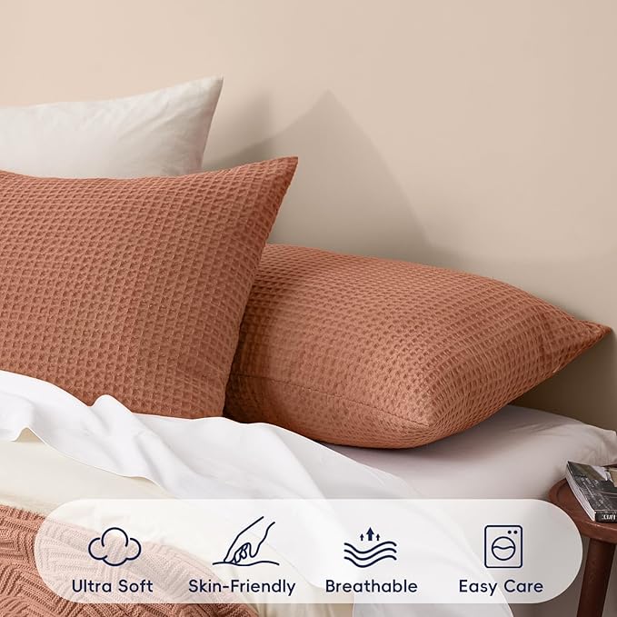 PHF Ultra Soft Waffle Weave Pillow Shams King Size, No Insert, 2 Pack 20" x 36" Pillowcases,Breathable & Skin-Friendly Pillow Cases, Stylish Decorative Bed Pillow Cases Covers,Burnt Umber