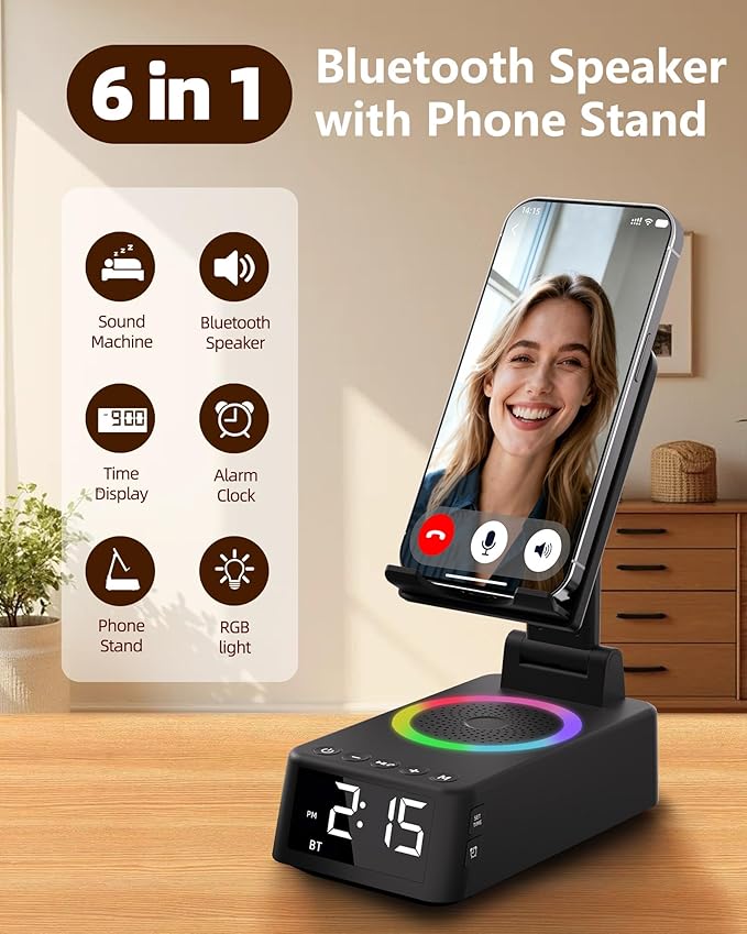 Cell Phone Stand with Bluetooth Speaker, White Noise Machine with 20 Soothing Sounds, Digital Alarm Clock for Bedroom, Bedside Desk Gadget, Gifts for Men Women, Dad, Teens, Cool Tech Gadgets