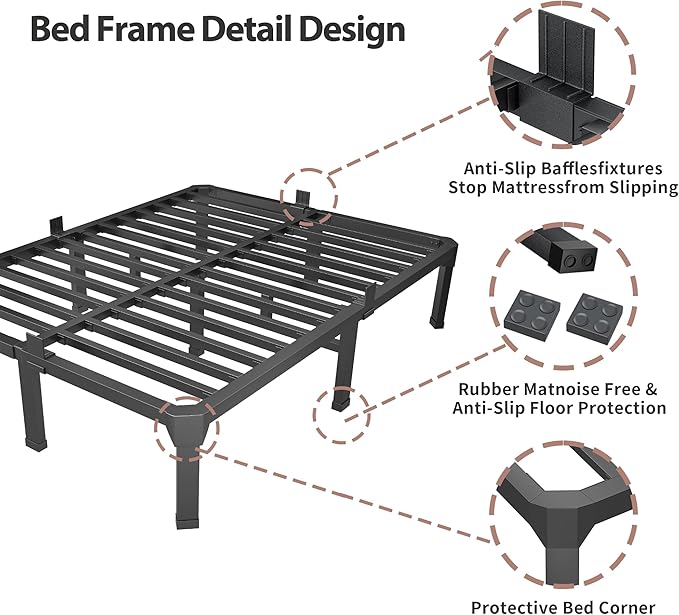 ROIL 18 Inch Full Size Bed Frame with Mattress Slide Stopper - Double Black Basic Anti Squeak Steel Slats Metal Platform, Heavy Duty Noise Free Easy Assembly Bedframes, No Box Spring Needed