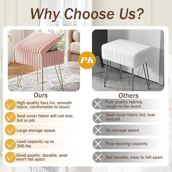 EBENCHICO Vanity Stool Chair with Storage, Faux Fur Stools for Vanity Makeup, Foot Stool Ottoman with 4 Metal Legs, Small Vanity Bench Seat Chairs for Living Room Bedroom