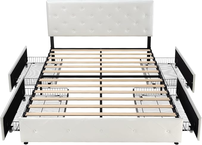 Allewie Upholstered Full Size Platform Bed Frame with 4 Storage Drawers and Headboard, Diamond Stitched Button Tufted, Mattress Foundation with Wooden Slats Support, No Box Spring Needed, White