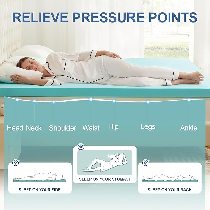 Eiayeebil 3 Inch Memory Foam Mattress Topper Twin XL, Mattress Pad Gel Infused Foam Bed Topper, Ventilated Soft Blue,Twin XL Size