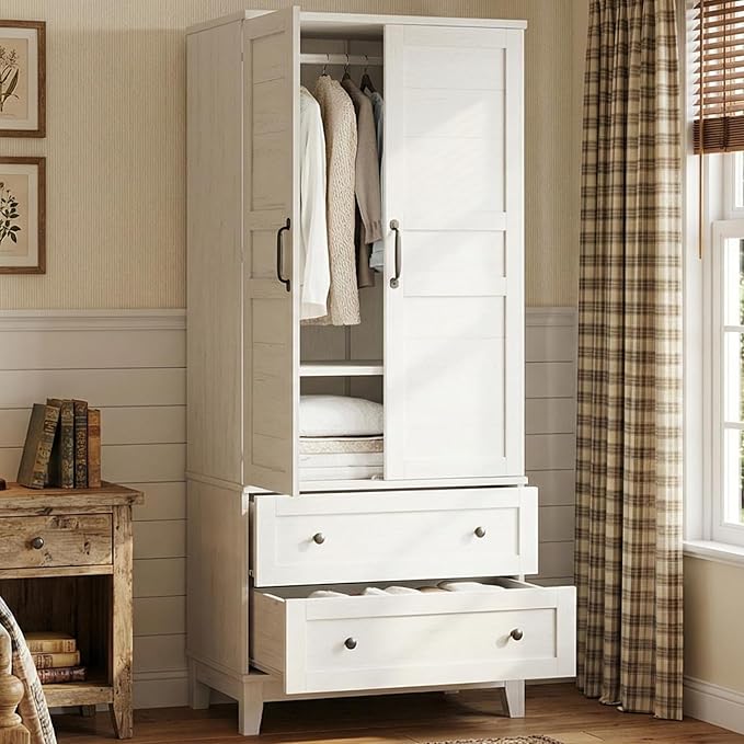 IDEALHOUSE Armoire Wardrobe Closet with 2 Drawers, 72" Tall Wooden Clothing Wardrobe with Hanging Rod & DIY Adjustable Shelf, Heavy Duty Bedroom Armoire Storage Cabinet with Doors, Rustic White