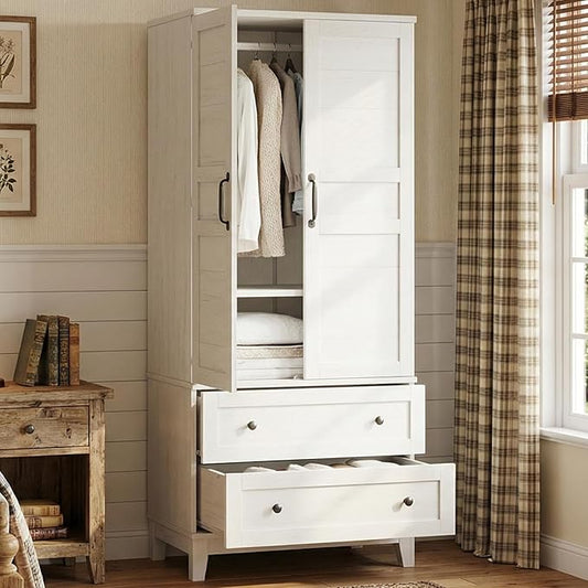 IDEALHOUSE Armoire Wardrobe Closet with 2 Drawers, 72" Tall Wooden Clothing Wardrobe with Hanging Rod & DIY Adjustable Shelf, Heavy Duty Bedroom Armoire Storage Cabinet with Doors, Rustic White