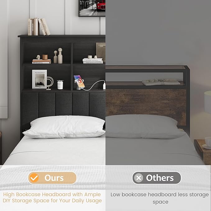 HISOFT Full Bed Frame with Storage Headboard, Wood Bed with High Storage Bookcase, 4 Drawers & LED & Charging Station,No Box Spring Needed/Noise Free/All-Metal Support, Rustic Grey