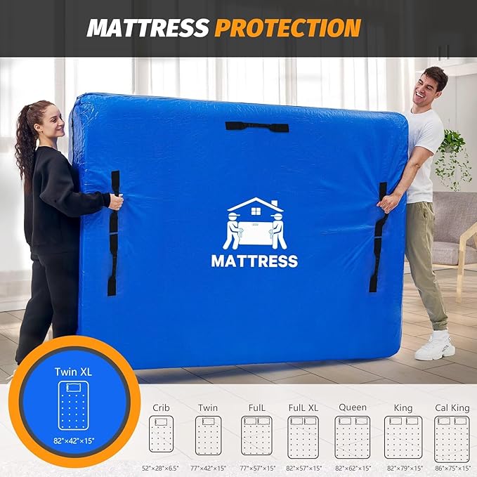 Mattress Bags for Moving, BETU Mattress Protector Waterproof Mattress Cover Twin XL Size Storage Bags with 8 Heavy-Duty Handles and Zipper for College Bed Extra Thick Large(82"x42"x15" Blue)