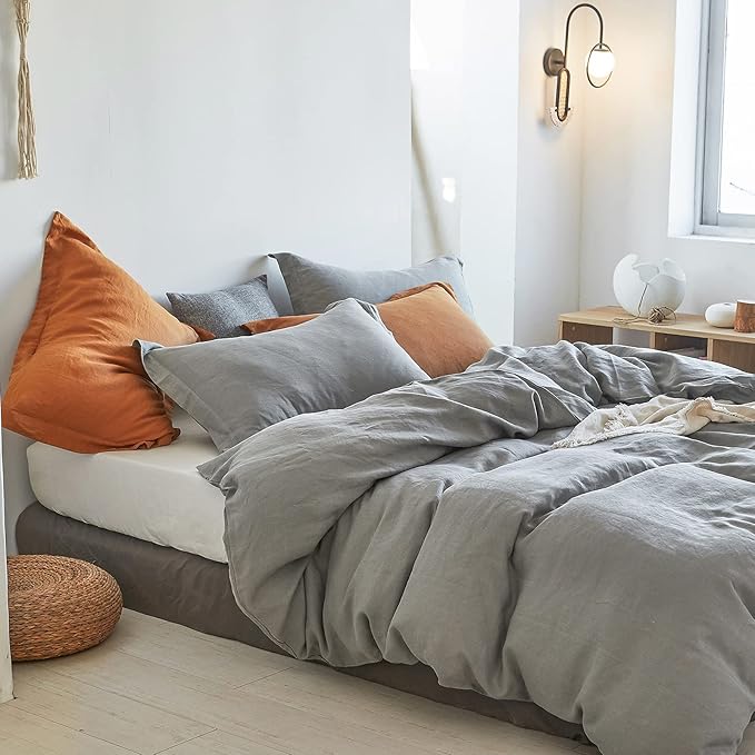 Simple&Opulence 100% Linen Duvet Cover Set 3pcs Basic Style Natural French Washed Flax Solid Color Soft Breathable Farmhouse Bedding with Button Closure - Ultimate Grey, Queen
