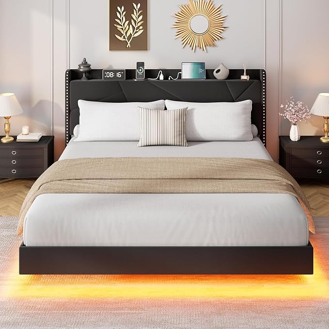 Garvee Full Size Floating Bed Frame with RGB LED Lights and Charging Station, Upholstered Platform Bed with Storage Headboard and Button Tufted Design, No Box Spring Needed, Black