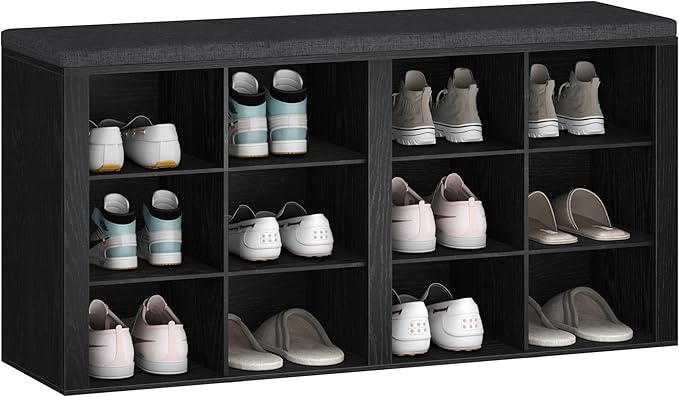 Hzuaneri Shoe Bench with Cushion, Entryway Storage Bench with 12 Cubbies, Cubby Shoe Rack with Adjustable Shelves, Shoe Organizer Cabinet for Living Room, Bedroom, Entryway, Black SB19004GY