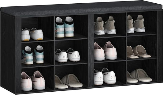 Hzuaneri Shoe Bench with Cushion, Entryway Storage Bench with 12 Cubbies, Cubby Shoe Rack with Adjustable Shelves, Shoe Organizer Cabinet for Living Room, Bedroom, Entryway, Black SB19004GY