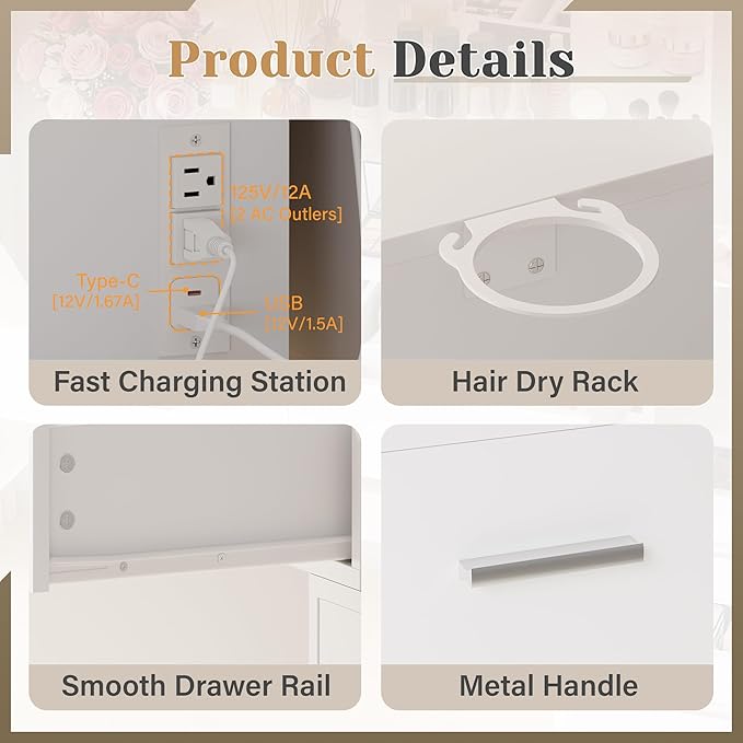 YESHOMY Makeup Vanity Desk with Mirror & Lights, Vanity Table with 5 Drawer, 6 Shelves, Charging Station for Bedroom, Dressing Room, Milk White