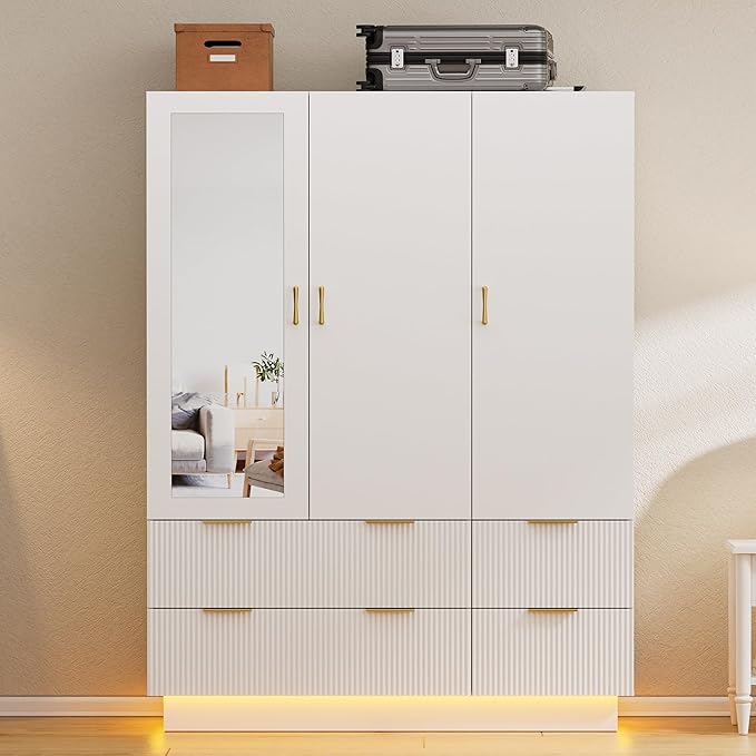 PAKASEPT Armoire Wardrobe Closet with 3 Door, Bedroom Armoires with Mirror and LED Lights, Hanging Rod, Drawers, Large Capacity Storage Wardrobe Armoire for Bedroom