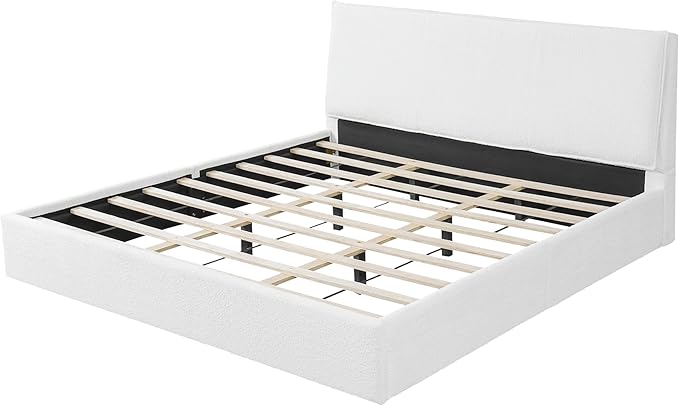 Christopher Knight Home Jamaiya Boucle Upholstered King Size Bed Frame with Wingback Headboard, Modern King Bed Frame and Headboard, Wooden Slats Support, Easy Assembly, No Box Spring Needed, White