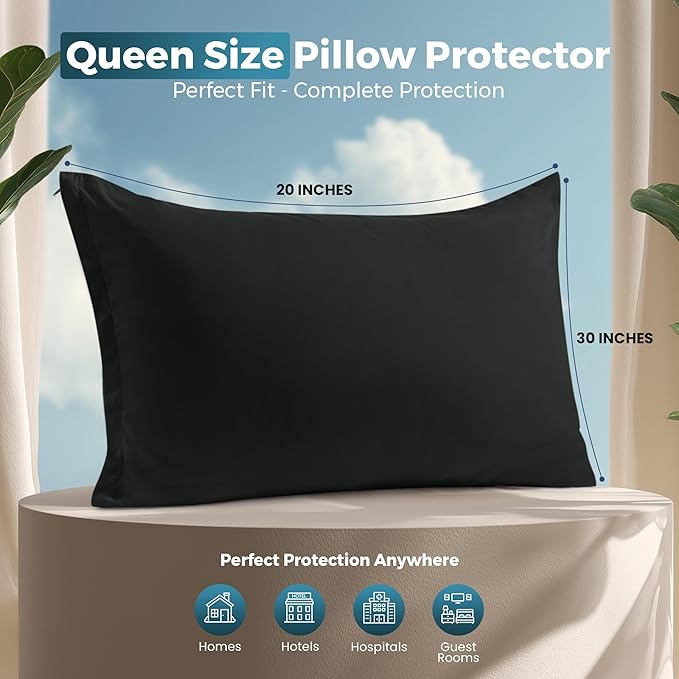 Utopia Bedding Queen Pillow Protectors - Pack of 2 - Zipper Closure - Soft Brushed Microfiber Fabric - Shrinkage and Fade Resistant Pillow Protectors Queen Size 20 X 30 Inches (Black)