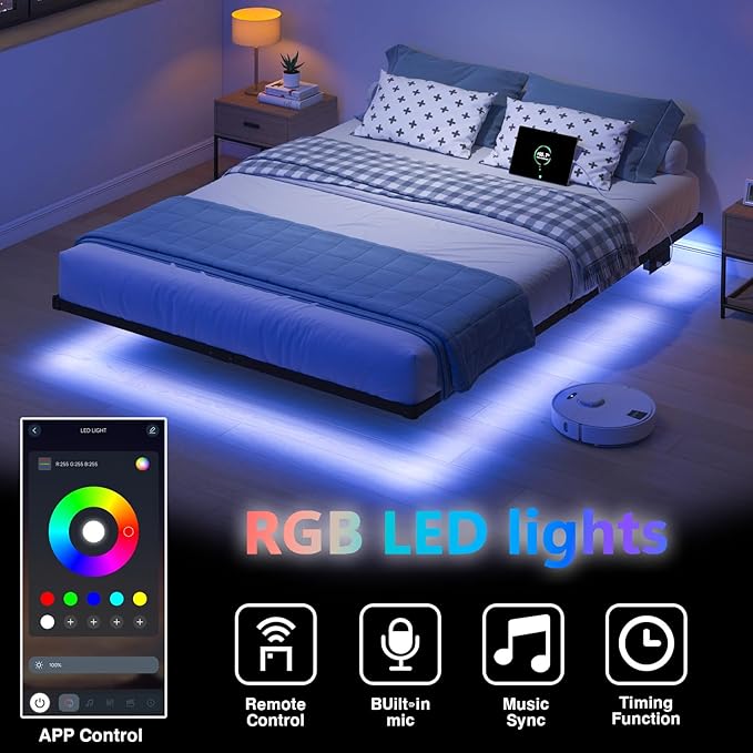 HAVONIZD Floating Bed Frame Queen with LED Lights and Charging Station - 8 inch Platform Bed Frame No Box Spring Needed, Easy Assembly