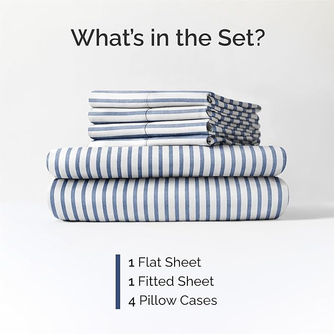 King 6 Piece Sheet Set - Comfy, Breathable & Cooling - Soft Hotel Luxury Bedding for Women, Men, Kids, Teens and Children - 1 Flat & 1 Fitted Sheet & 4 Pillowcases with Deep Pockets - Blue Stripes 2