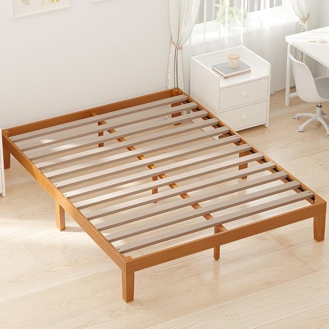 DUMOS Solid Wood Bed Frame, Queen Size Bed Base with Wooden Slat Support, Sturdy, Stylish & Noise-Free Design, No Box Spring Needed, Easy Assembly, 12 in Natural Pine
