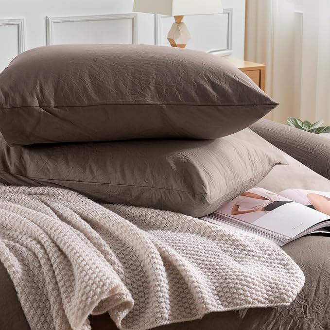 NEXHOME PRO 100% Washed Cotton Duvet Cover Queen Size, Ogranic Natural Linen Feel Breathable Bedding Set with Zipper Closure, 3 Pieces Duvet Cover Set Chocolate (No Comfortert) 9090