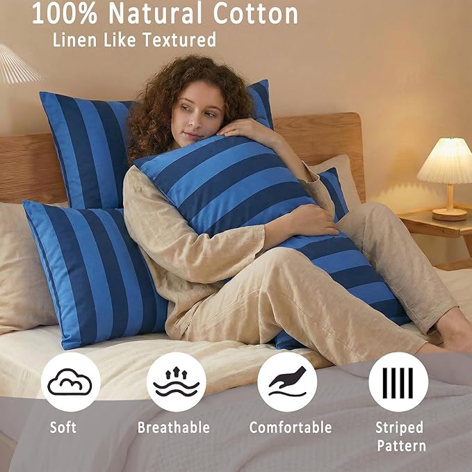 Merryword Body Pillow Cover 20x54inches, 100% Cotton Pillow Case, Blue and Navy Striped Pillowcase, Soft Breathable Wide Stripes Long Pillowcase, 1-Piece