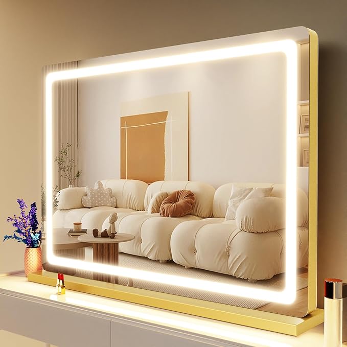 Gvnkvn Makeup Vanity Mirror with Lights 20" L x 26" W Large LED Makeup Mirror, Light up Mirror with 10X Magnification and USB Charging Port, Dimmable 3 Modes, Touch Screen Control Gold